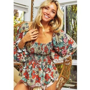 Bibi Floral Puff Sleeve Smocked Top